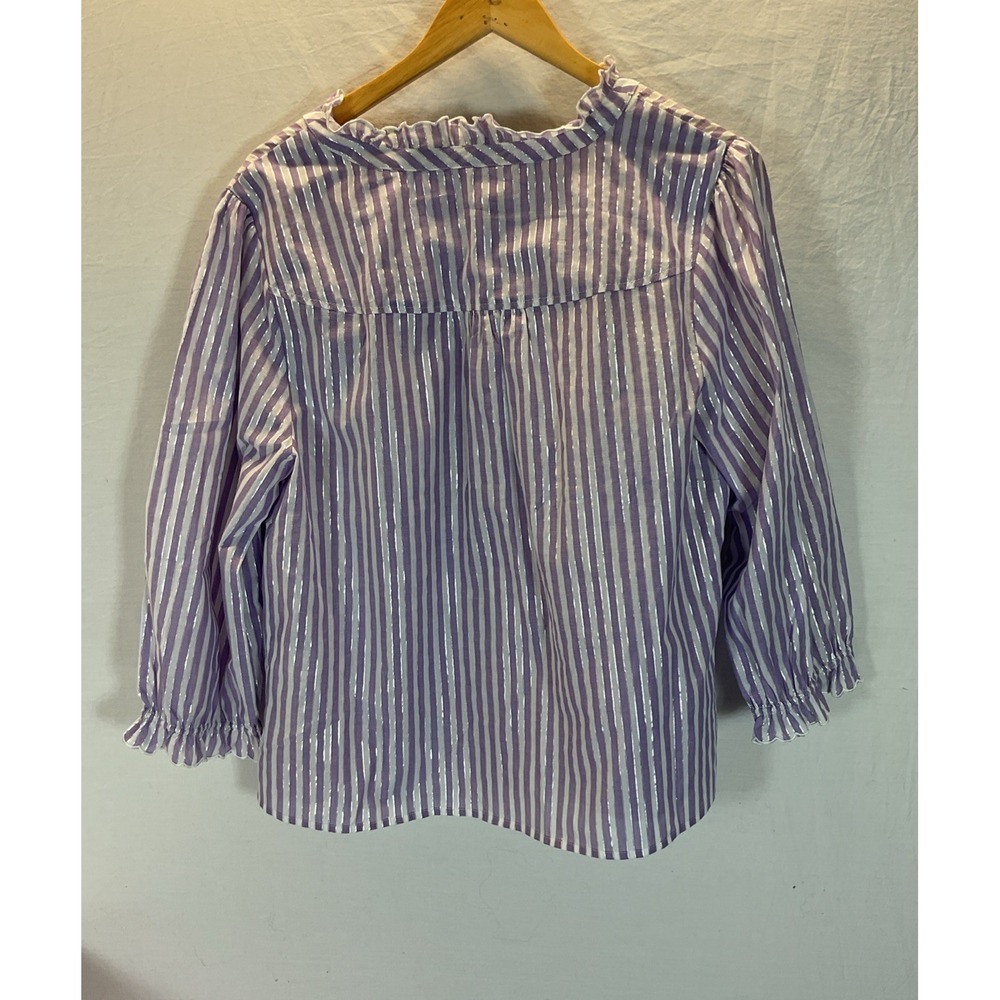 Talbots Lavender-White Striped Ruffle Neck Button-Front Blouse - Picture 2 of 7